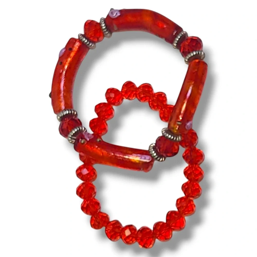Red‎ Lampwork Glass & Crystal Beads Stretch Bracelet Stack of 2